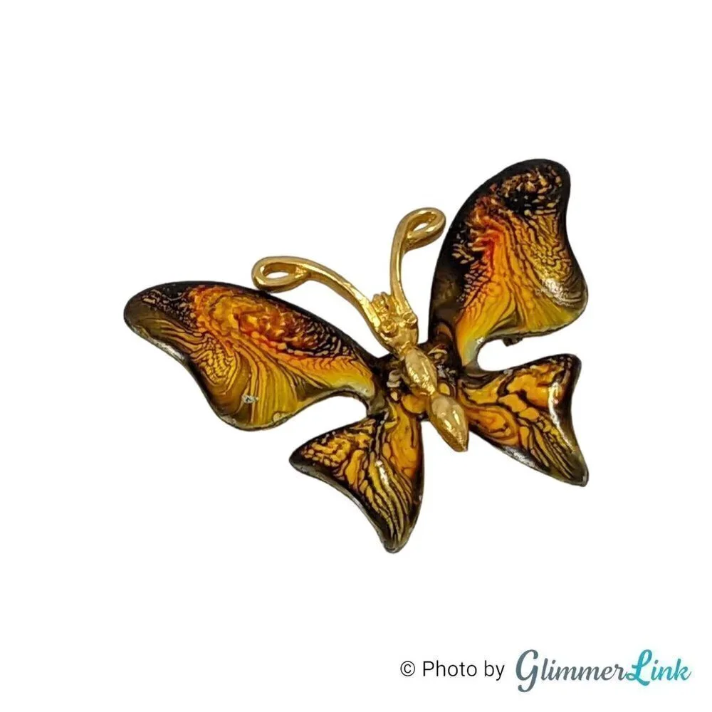 Vintage Emmons Butterfly Figural Enamel Swirls Gold Tone Brooch